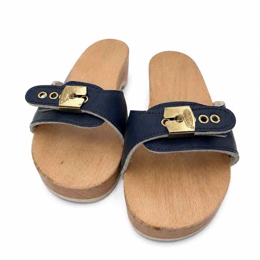 Dr. Scholl’s Original Women’s Size 7 Navy Leather Wood Wedge Slide Sandals Italy